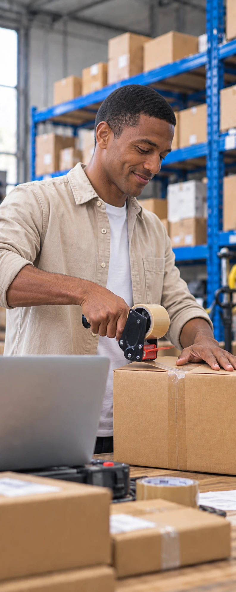 E-commerce founder packing a customer order in his fulfillment space