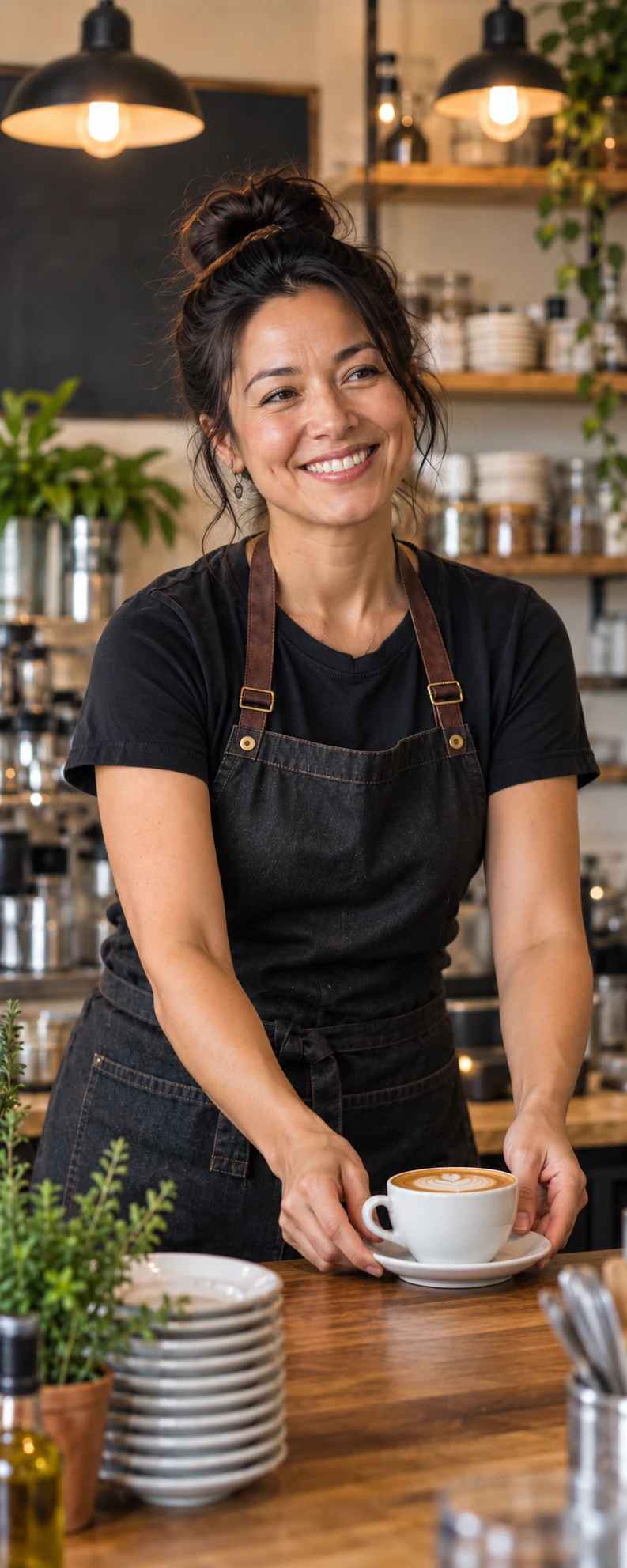 Café owner smiling as she serves a freshly made coffee